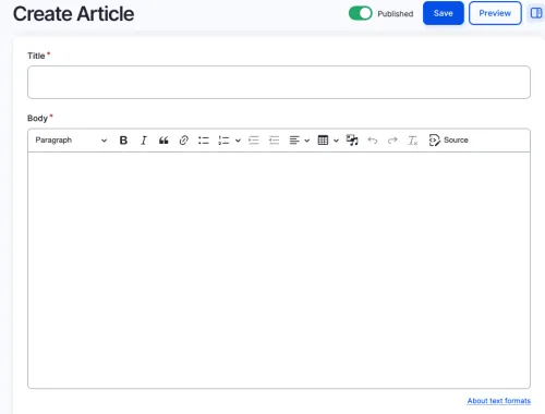 The top part of the form to add an article. It shows the title and body fields.