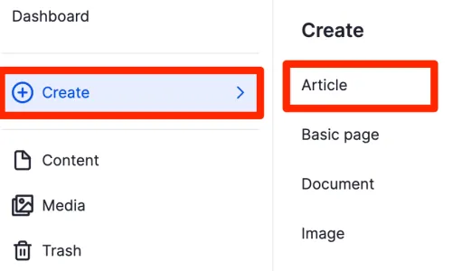 This shows choosing Create and Article in the left navigation